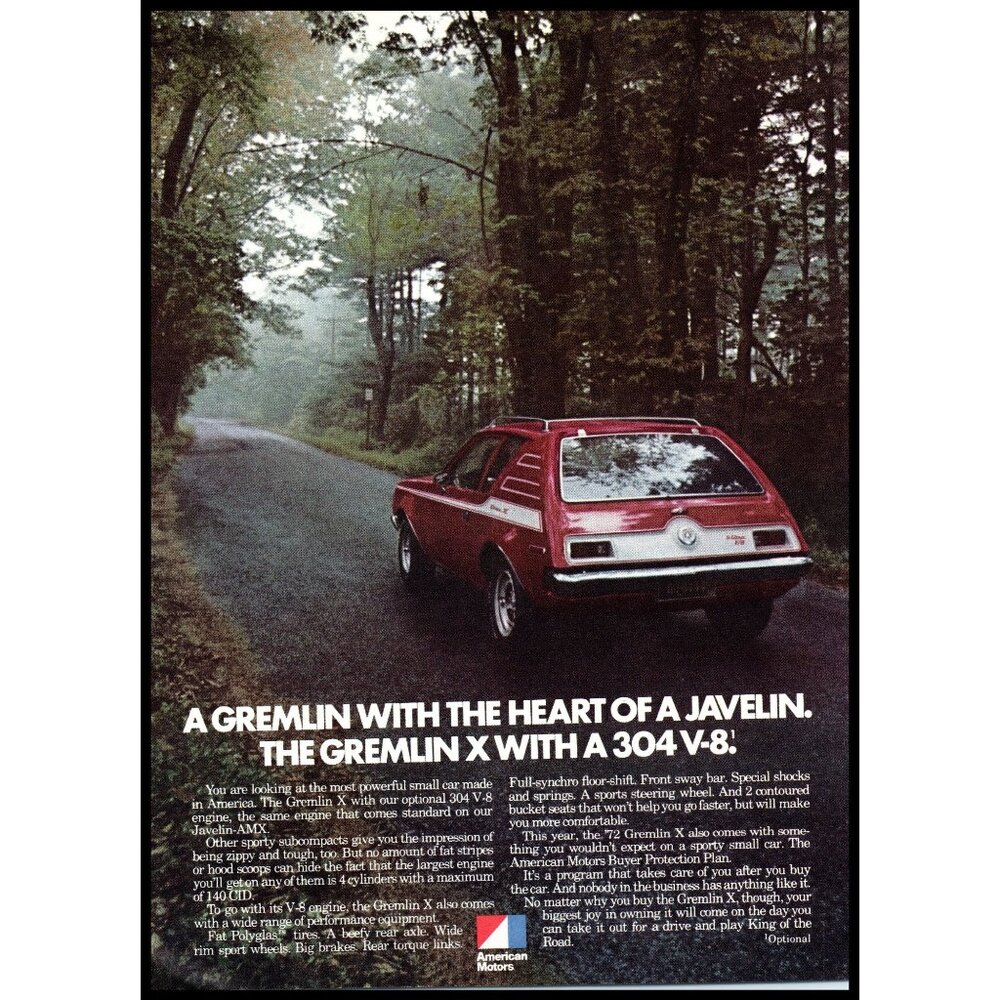 1972 AMC American Motors Gremlin X Vintage Print Ad Forest Trees Road Wall Art
